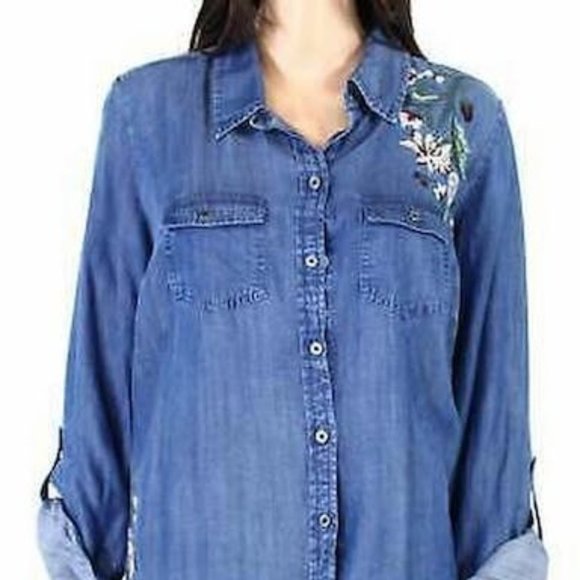 STYLE and Co Womens Embroidered Floral Print Button-Down Denim Top, Size Ox - Picture 2 of 4